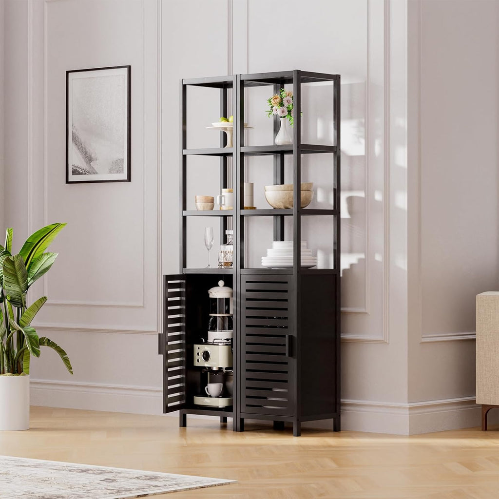 HITNET Bathroom Cabinet Freestanding, Tall Slim Bamboo Storage Cabinet with Shelves and Door, Space Saving Kitchen Cupboard Organizer, Black