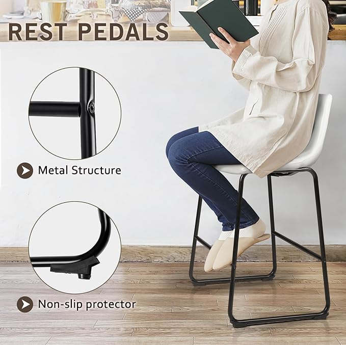 LEMBERI 26 inch Bar Stools Set of 4, Modern Counter Height Bar Stools, Faux Leather Barstool with Back and Metal Leg, Armless Bar Chairs for Kitchen Island (White, 4pcs 26")