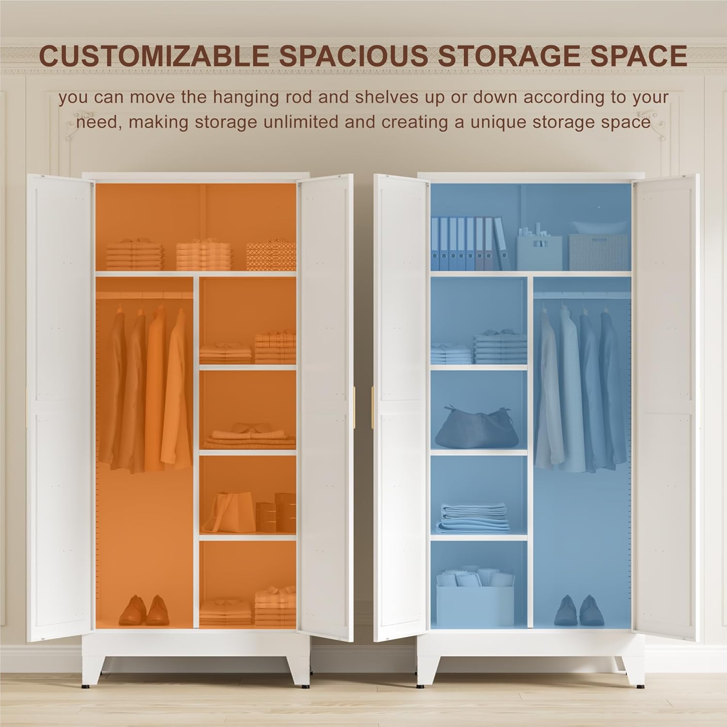 71" Tall Metal Wardrobe Closet with Adjustable Shelves and Hanging Rod, 2 Doors Office Storage Locker Cabinet for Home, Office, Bedroom, Laundry Room, White