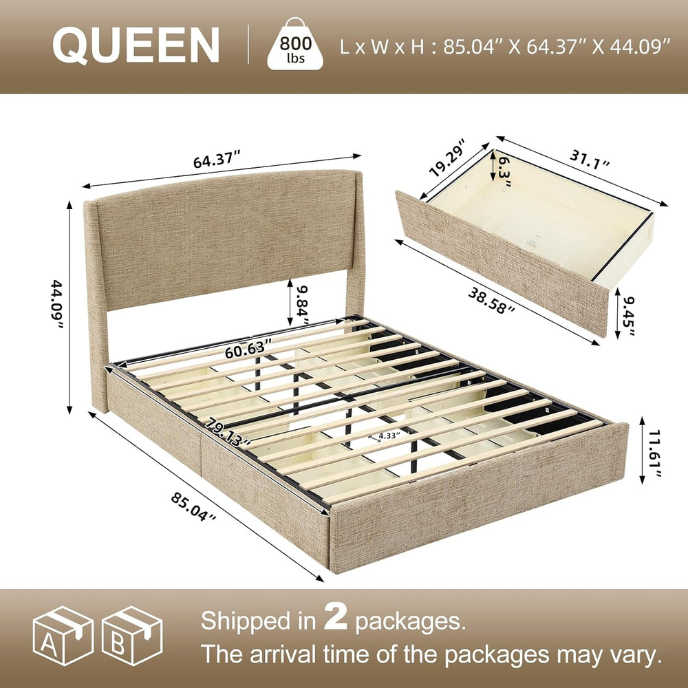 VELOCAVA Queen Storage Bed Frame with Curved Wingback Headboard, Linen-Look U...