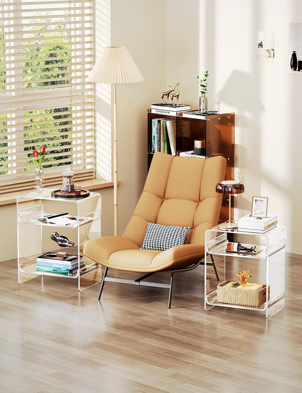 Acrylic End Table Record Player Table with Storage Shelf Clear Side Table Nig...