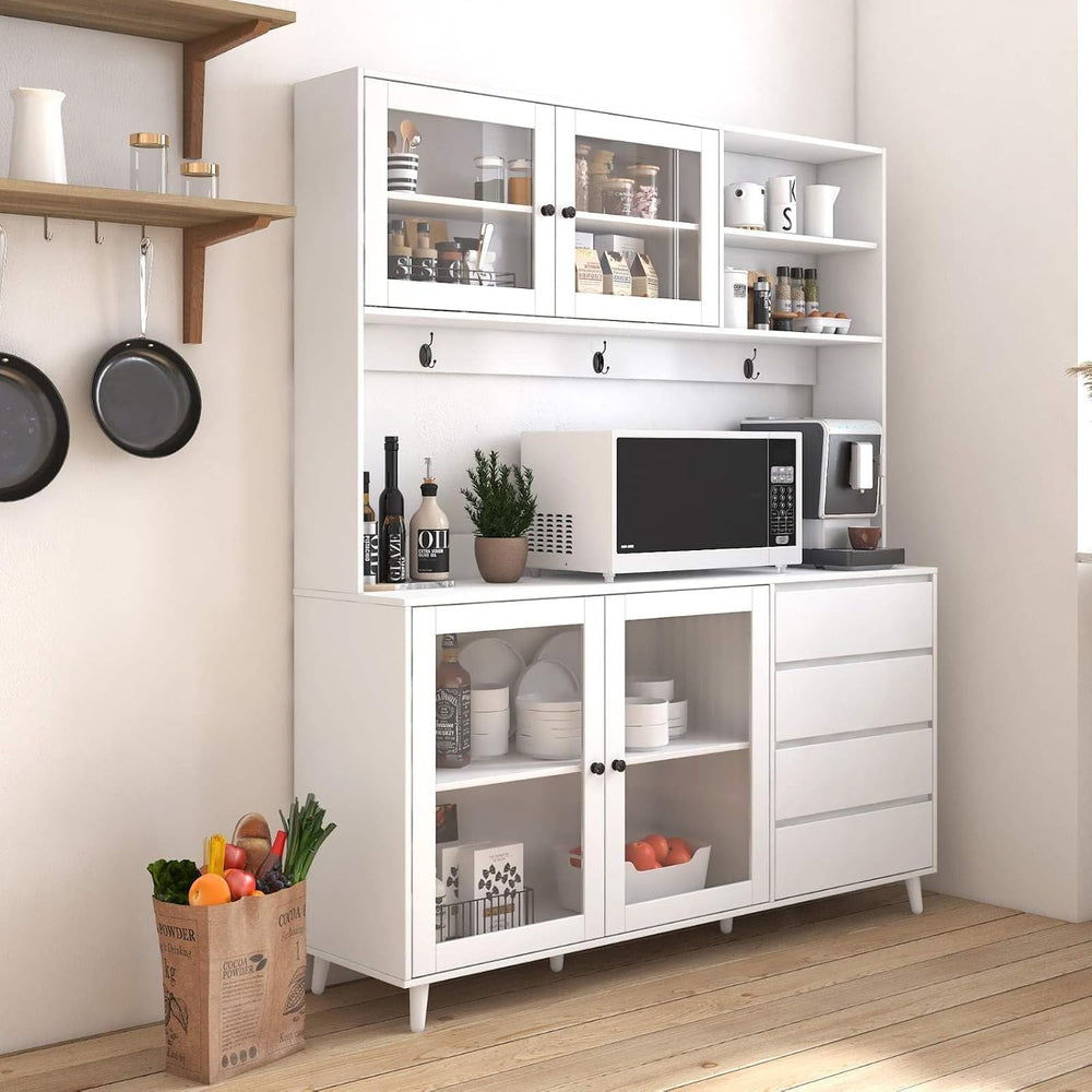 Modern White Kitchen Buffet and Hutch Storage Cabinet with Glass Doors, 4 Dra...