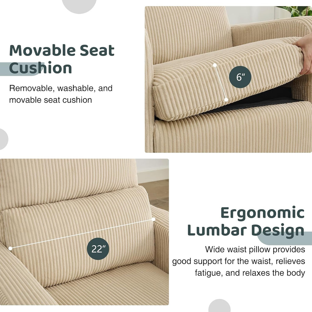 Swivel Rocker Recliner, Oversized Manual Nursery Glider Rocking Recliner Chair with Removable Cushion, Upholstered Corduroy Swivel Reclining Chair for Nursery Living Room Bedroom, Camel