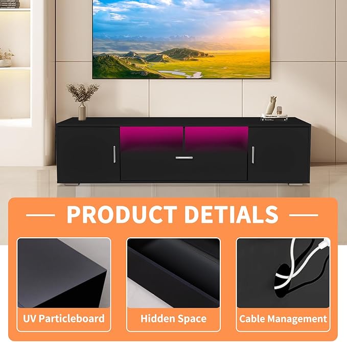63 Inch Black TV Stand with 16-Color LED Lights, Classic Modern Entertainment Center with Horizontal Drawer & Side Cabinets for TVs up to 75 Inches, Wood Media Console