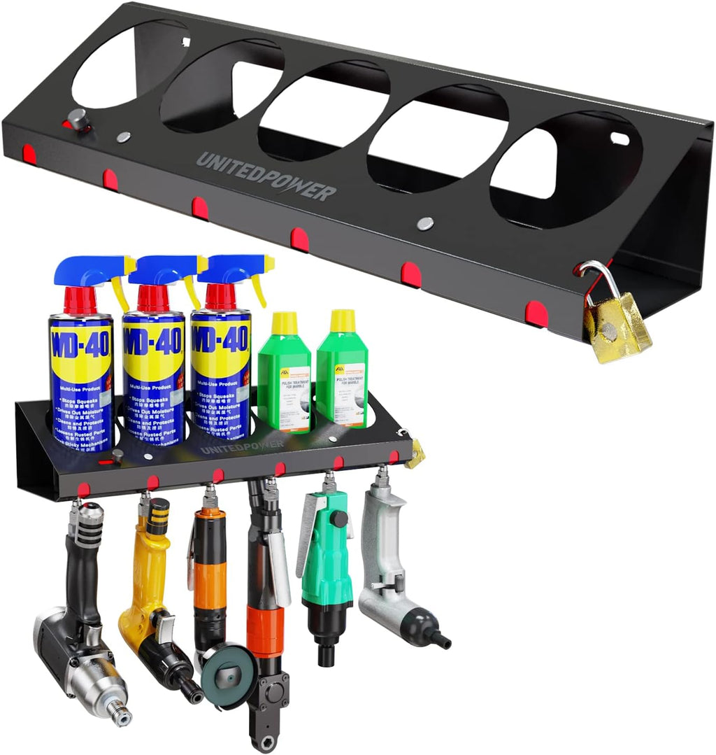 UNITEDPOWER Pneumatic Tool Holder Lockable/Aerosol Rack Combo, Wall Mounted Spray Can Bottle Holder, Air tool organizer, for Garage and Workspace, 5 Cans and 6 slots