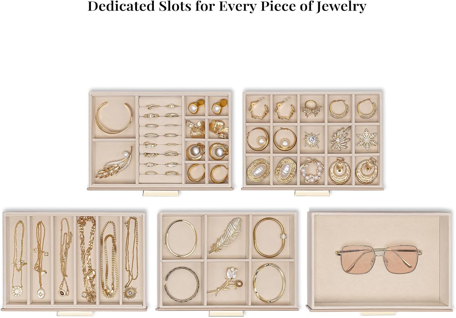 VLANDO 5-Drawer Jewelry Box with Glass Lid, Faux Leather Organizer for Rings Earrings Necklaces and More, Gift-Ready Jewelry Case for Women Girls or Moms, Latte