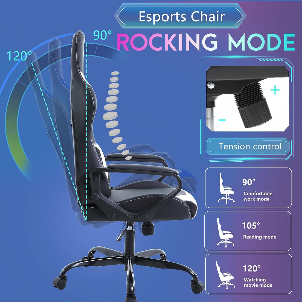 PayLessHere Ergonomic Racing Desk Chair Gaming Chair Computer Chair with Armrests 360° Swivel & Caster Pu Desk Task Chair Executive Headrest Lumbar Support for Back Pain Women Men and Adults (White)