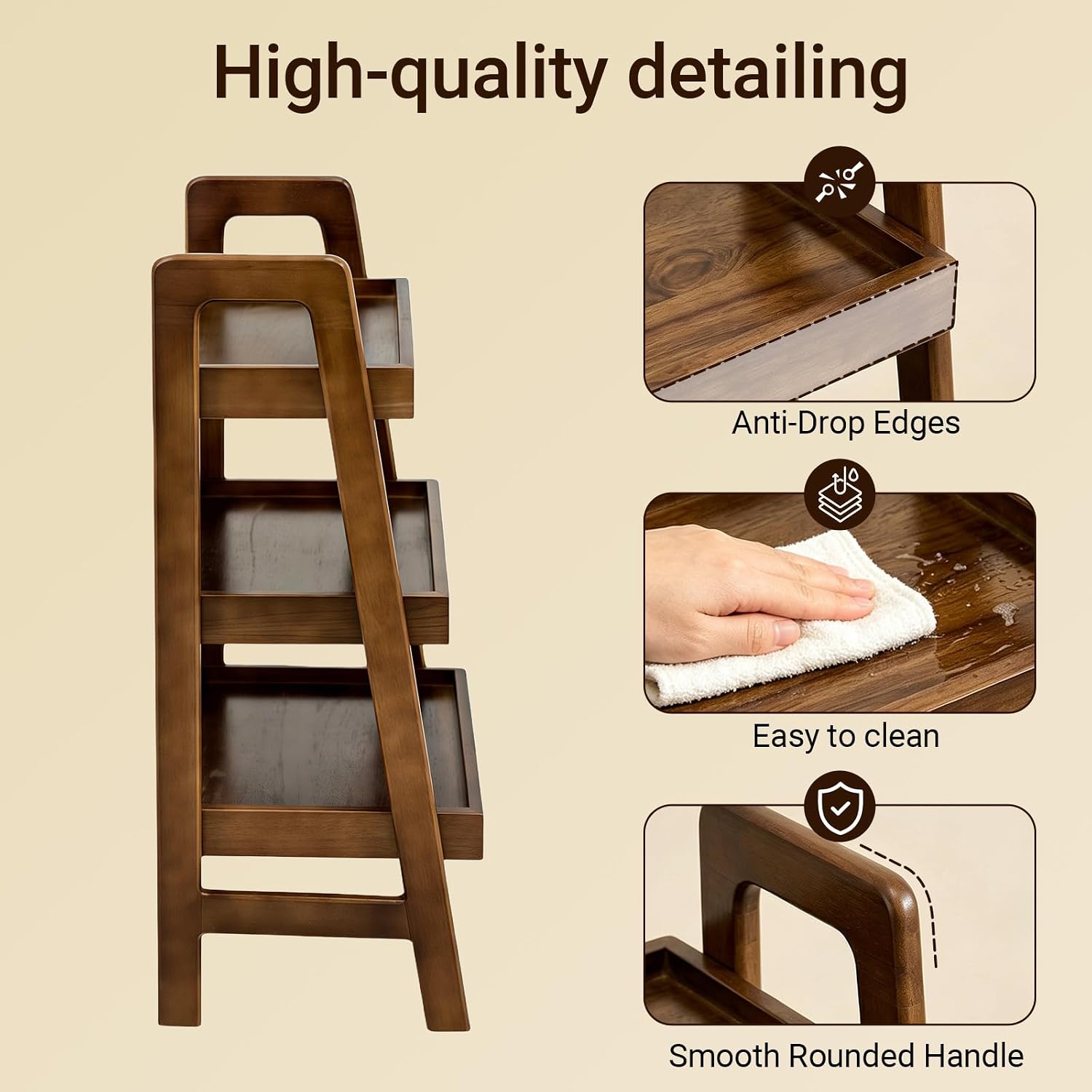 Haotian Solid Wood Ladder Shelf, 3-Tier Walnut Ladder Bookshelf, Small Open Storage Shelf with Anti-Slip Edges, Compact Narrow Bookshelf for Small Spaces, Bedside Table DJ-FRG001
