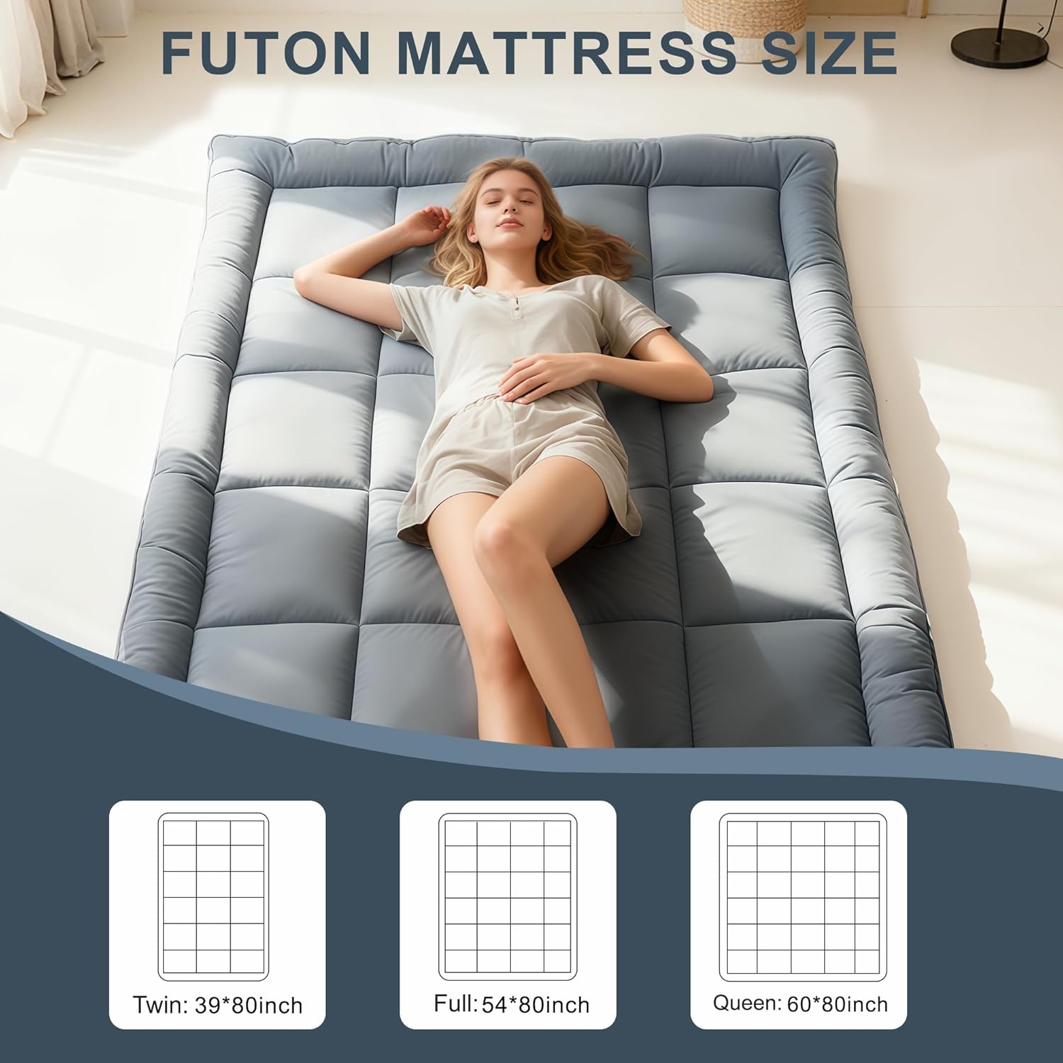 Japanese Floor Mattress Futon, Thick 5-Layer Roll Up Foldable Mattress, Comfortable Foam Tatami Mat Sleeping Pad (Gray, Twin)