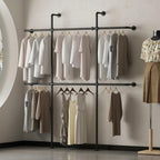 Industrial Pipe Clothing Rack Wall Mount, Black Pipe Clothes Rack with 6 Hanging Rods, Heavy Duty Pipe Clothing Rack for Laundry Room, Closet Systems for Walk in Closets