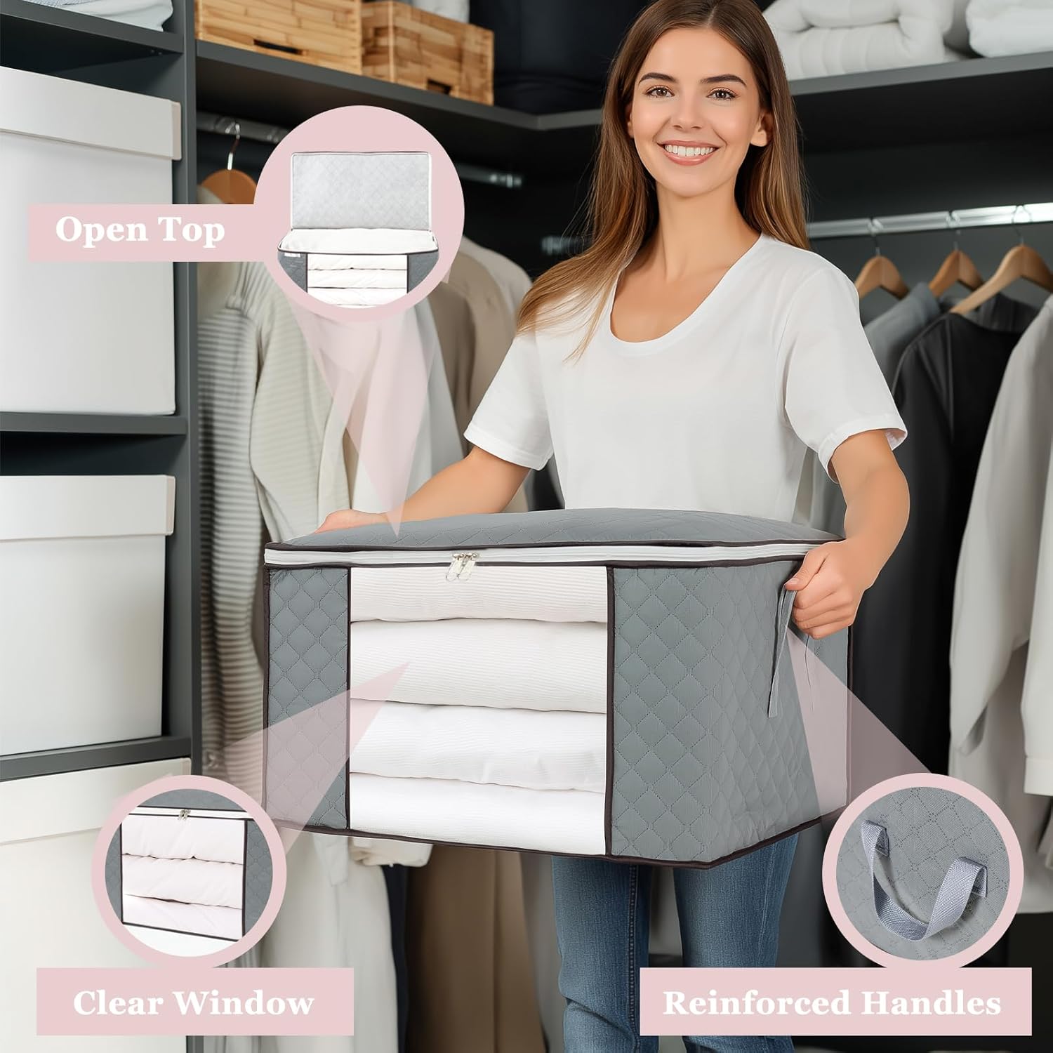 combocube Comforter Storage Bag, Zippered Bag with Large Clear Window and Carry Handles, Space Saver Organizers for Closet, Blanket, Pillow, Quilt, Bedding, Clothes (4Pcs Grey Large)