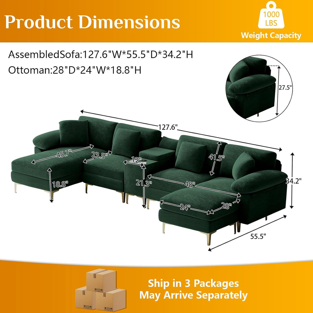 Wrofly 128" U-Shaped Sectional Sofa w/USB, Cup Holders & Ottoman, Gr...