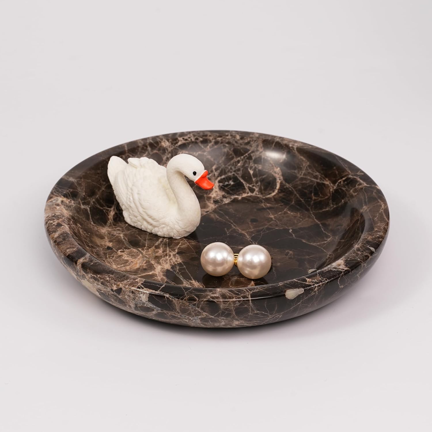 Brown Marble Jewelry Tray - Stone Trinket Ring Key Purse Holder Dish, Small Cute Round Plate Decorative Bowl for Nightstand Entryway Coffee Table Decor (5.5 inch)