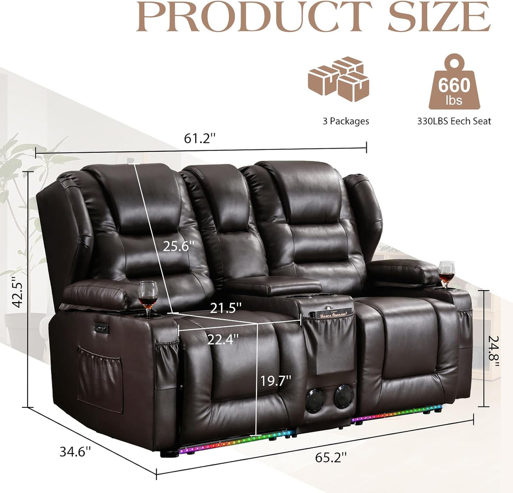 Loveseat Power Recliner Sofa Couch Electric Reclining Sofa Chair for Living Room with Multi-Function Console/Cup Holders/LED Ambient Light