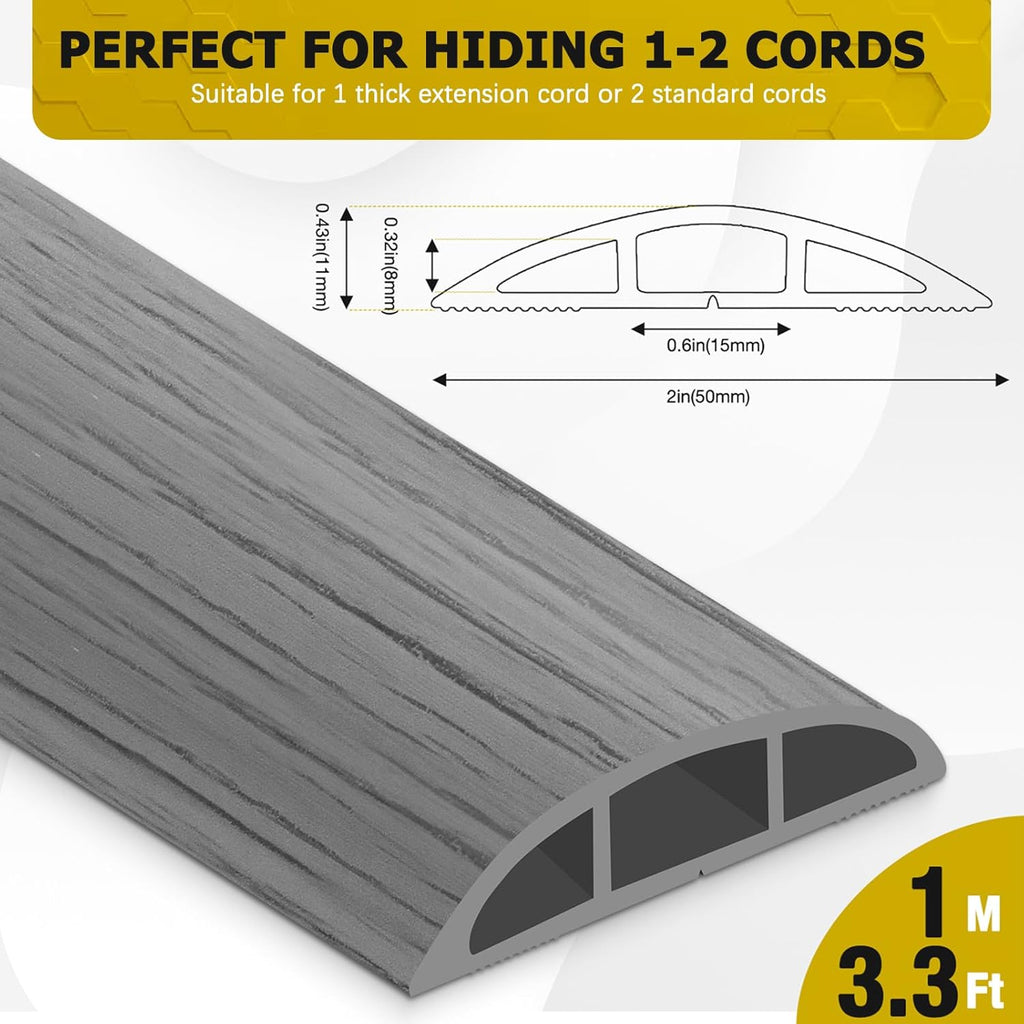 Floor Cord Cover 3.3FT Cord Covers for Wires on Floor Protect Wires & Prevent Trip Hazards, Easy to Cut for Home, Office, School, Concerts, Cavity W0.6in x H0.32in