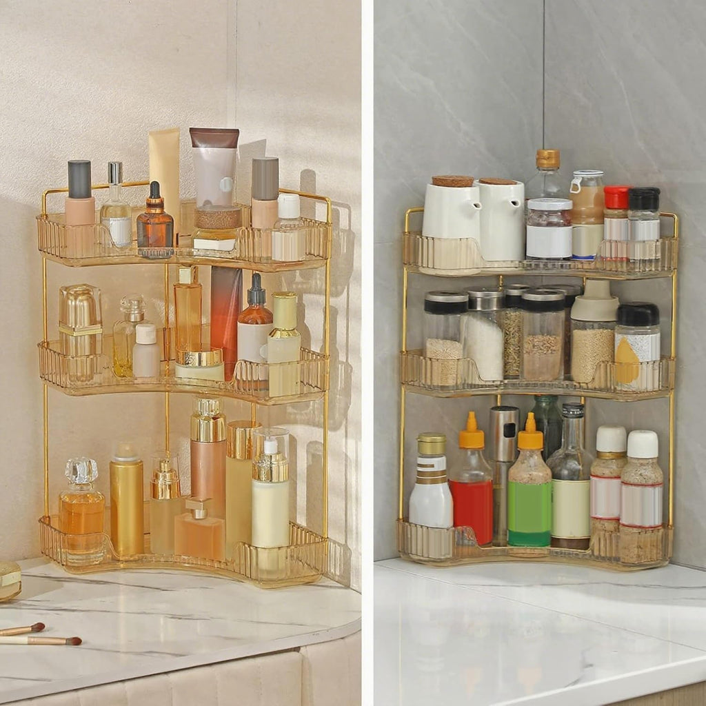 Corner Bathroom Countertop Organizer, Vanity Organizer Trays for Counter, Makeup Organizers, Perfume Tray, Skincare Shelf Storage Gifts for Women Girl Student (Yellow, 3 Tiers)