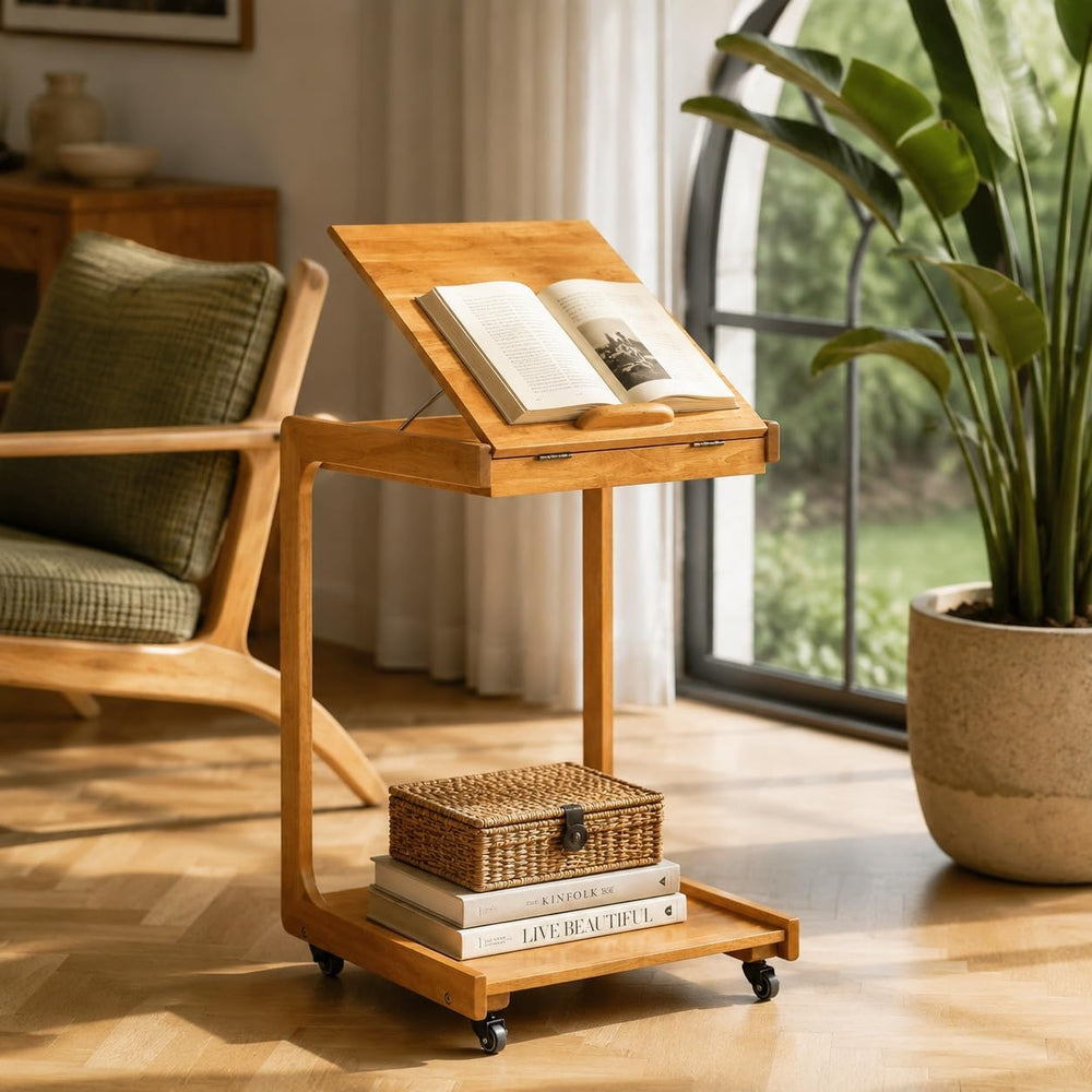 Solid Wood C Shaped End Table, Couch Table with Adjustable Desktop and 2 Lock...