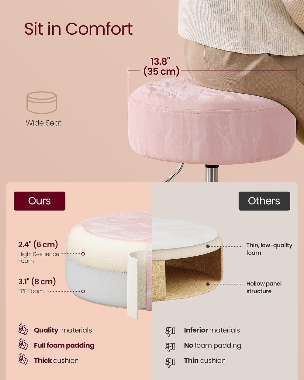 VASAGLE Bar Stool Set of 1, 360° Swivel Vanity Stool, Thick Cushion | Makeup ...