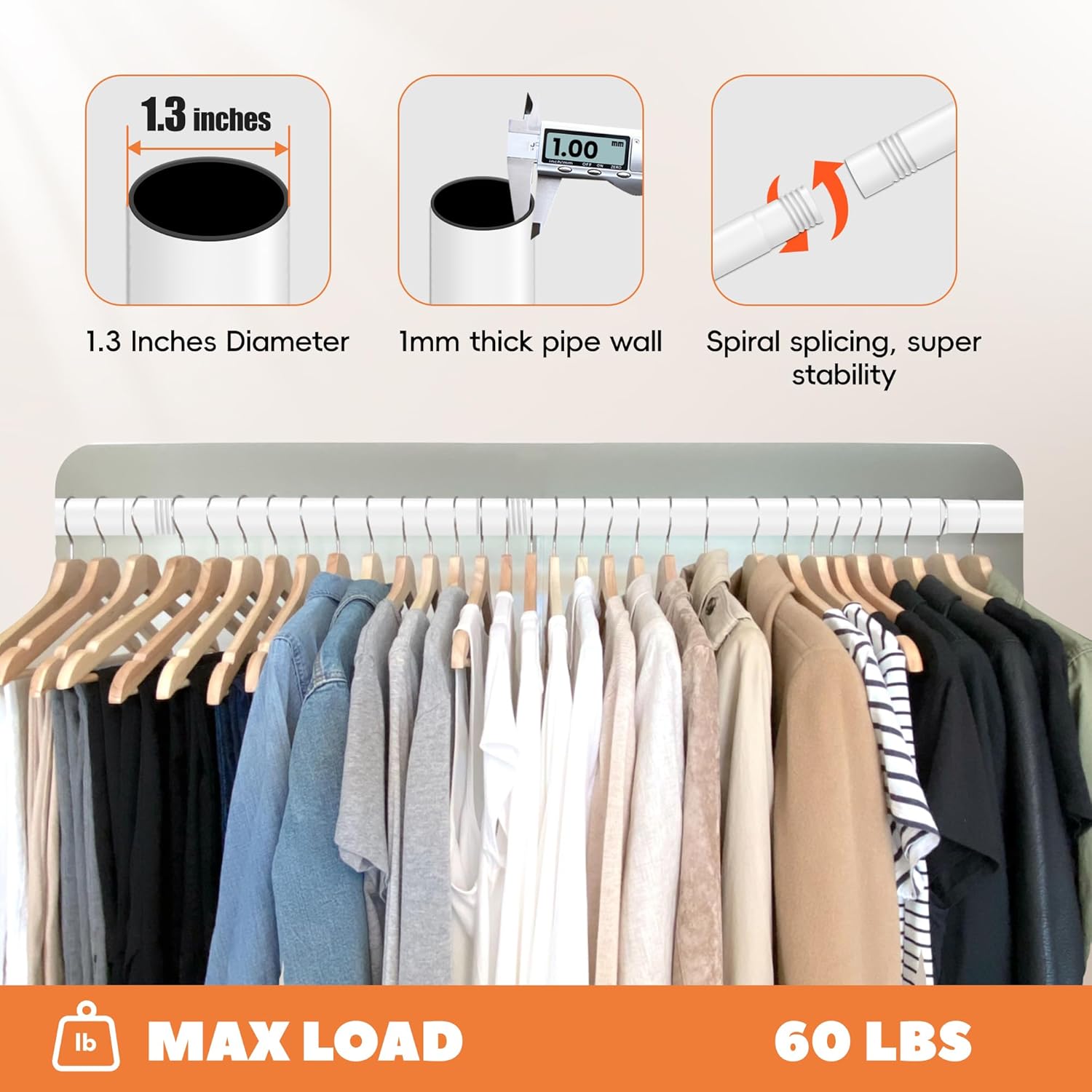 Closet Rod 30-51 Inches, Adjustable Heavy Duty Metal White Closet Rods for Hanging Clothes 1.3 Inches Diameter for Wardrobes Laundry