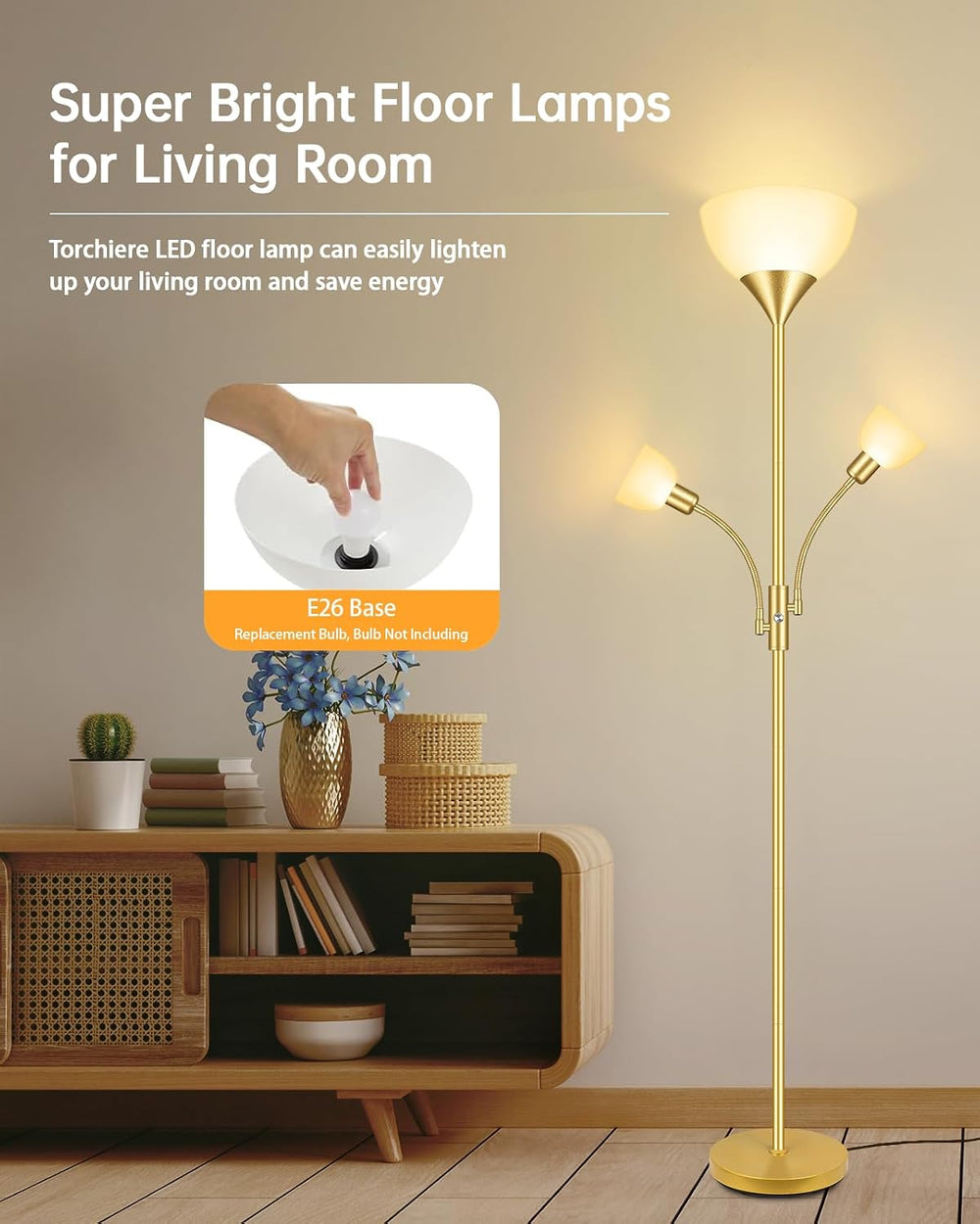 Floor Lamps for Living Room Gold, Standing Lamp, 71" Tall Lamp with 3 Li...