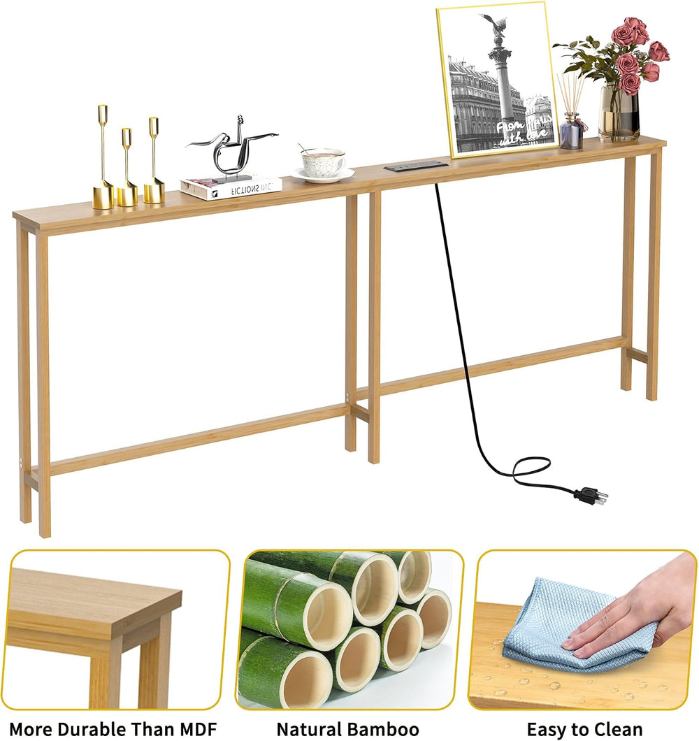 VASMIA 70.9 Inch Narrow Console Table with Outlet,Bamboo Behind Couch Sofa Ta...