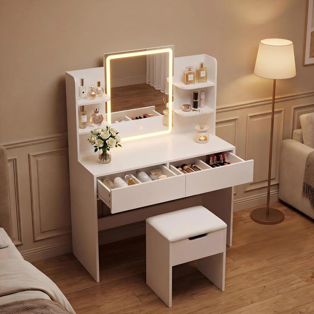 YESHOMY 35.4 Inch Vanity Desk Set with LED Mirror and Lights, Modern White | ...