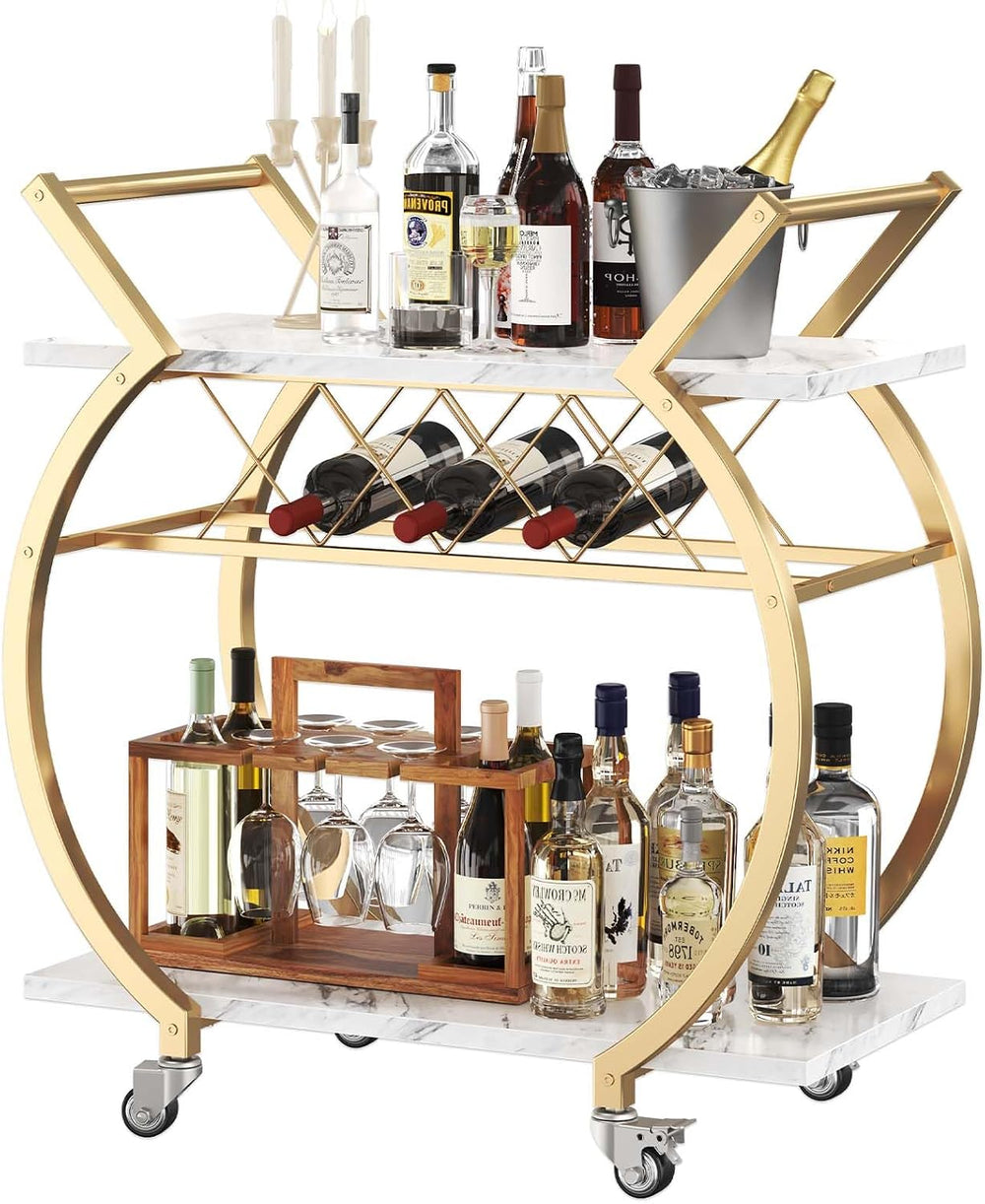 LVB Gold Bar Cart with Wheels, Modern White Marble Home Bar Serving Cart | Dr...