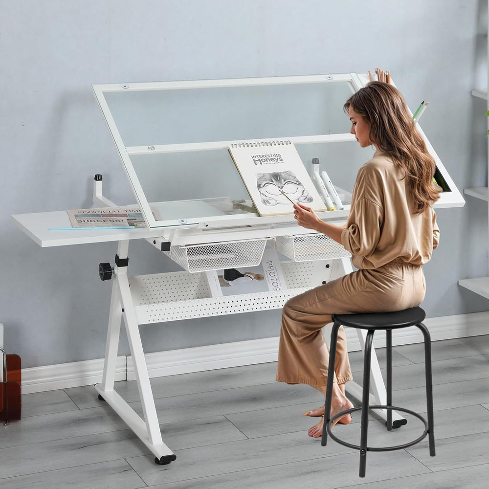 Drafting Table for Artists, Glass Drawing Table with Stool,T1-White