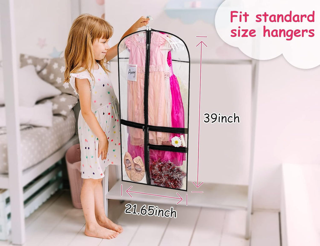 Kimbora Clear Dance Costume Garment Bag for Dancers 3 Zippered Pockets Kids Embroiderable Competitions Bags, Clothes Cover for Girls Dress(3 Packs)