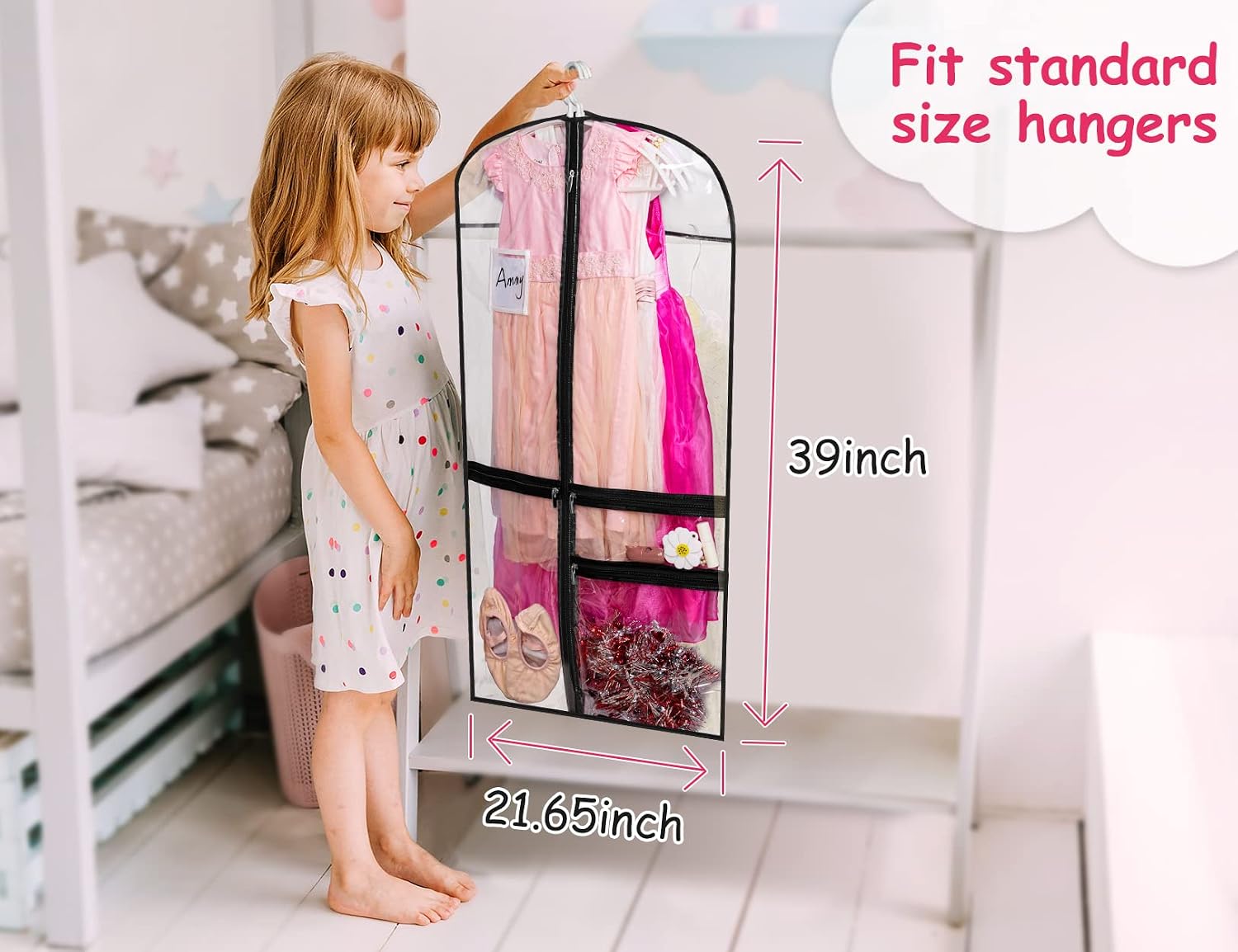 Kimbora Clear Dance Costume Garment Bag for Dancers 3 Zippered Pockets Kids Embroiderable Competitions Bags, Clothes Cover for Girls Dress(3 Packs)