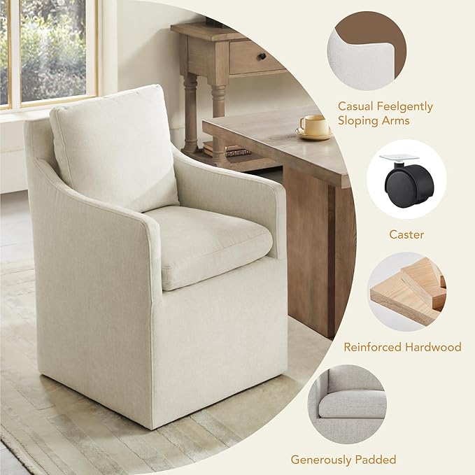 Upholstered Dining Chairs with Casters, No Assembly Modern Accent Armchair with Rollers for Dining Room, Bedroom, Living Room, Reading Room, Already Assembled, Beige, 2 Box