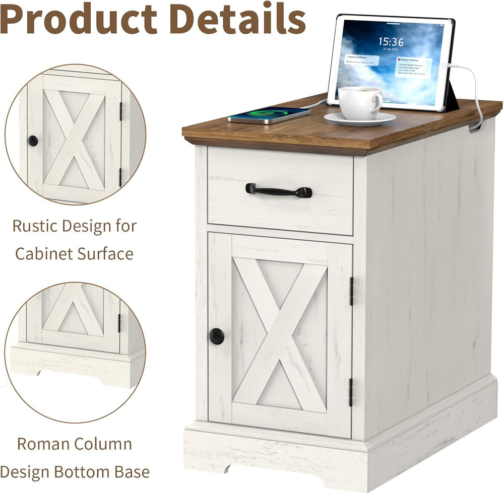 HOMMPA 23.6'' Farmhouse Narrow End Table w/Charging Station Rustic White