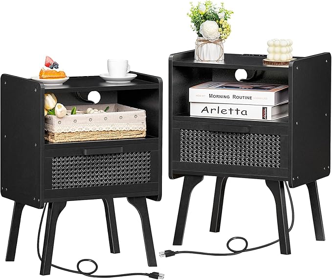 Lerliuo Rattan Nightstands Set of 2 with Charging Station, Boho Side Table wi...