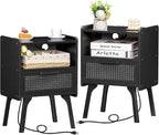 Lerliuo Rattan Nightstands Set of 2 with Charging Station, Boho Side Table with Drawer Open Shelf, Cane Accent Bedside End Table with Solid Wood Legs for Bedroom, Dorm and Small Spaces (Black)
