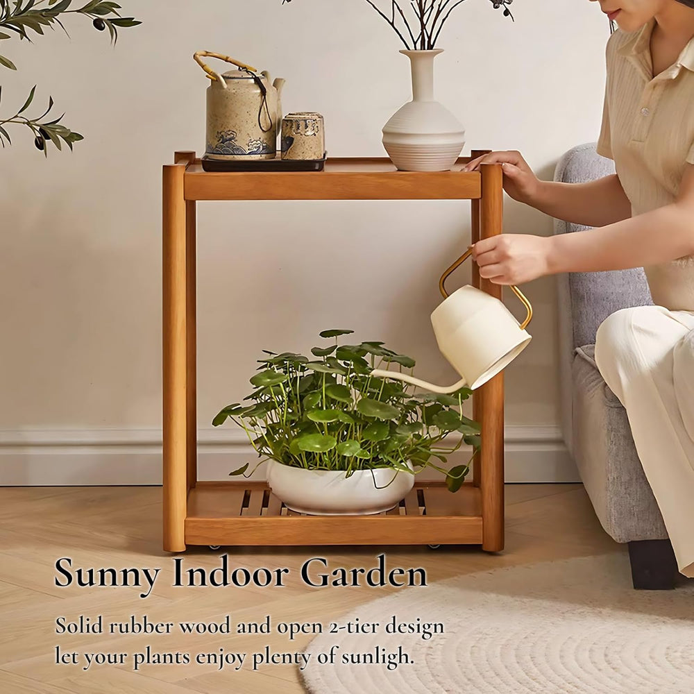 Side Table, Solid Wood Narrow End Table with Storage Shelf and Wheels, 2-Tier...