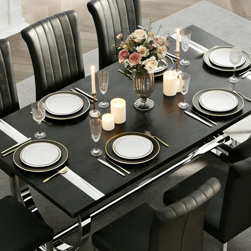 Asday 77" Modern Dining Table for 6-8, Black Wooden Dining Table with Silver Polished Stainless Steel U-Shaped Base, Rectangular Kitchen Table for Dining Room, Kitchen & Living Room
