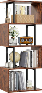 Furologee 5 Tier Bookshelf, S Shaped Geometric Bookcase, Narrow Freestanding Display Shelves, Modern Wood Decorative Storage Rack for Bedroom, Living Room, Home Office, Rustic Brown