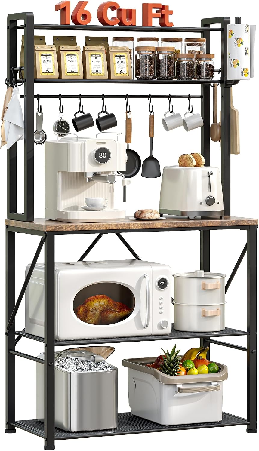 Coffee Bar, Bakers Rack with Storage, 25.6 Inches Microwave Stand, 5 Tier Kitchen Shelves Appliance Storage, 12 S Hooks Large Coffee Station for Spices, Pots and Pans, Rustic Brown
