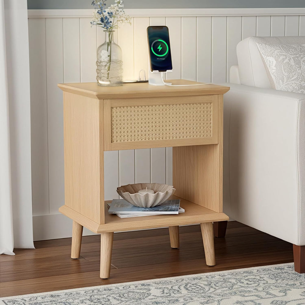 Ink+Ivy End Table with Handwoven Rattan Design, Night Stand with Storage Draw...