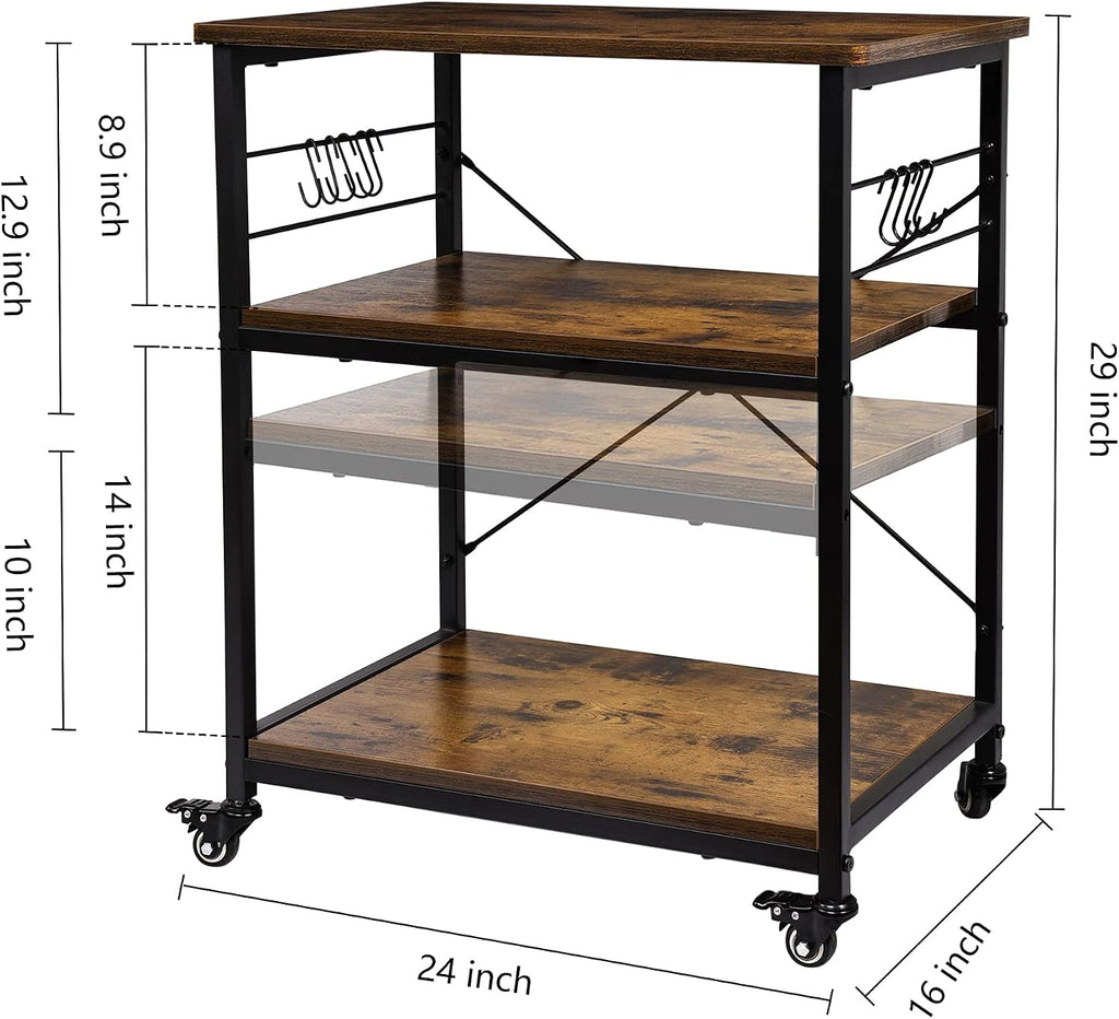 AHB 24" Kitchen Cart with 4 Smooth Wheels and 10 Hooks, 3-Tier Microwave Stand Rolling Bakers Rack Coffee Cart Shelf Organizer for Living Room Decoration