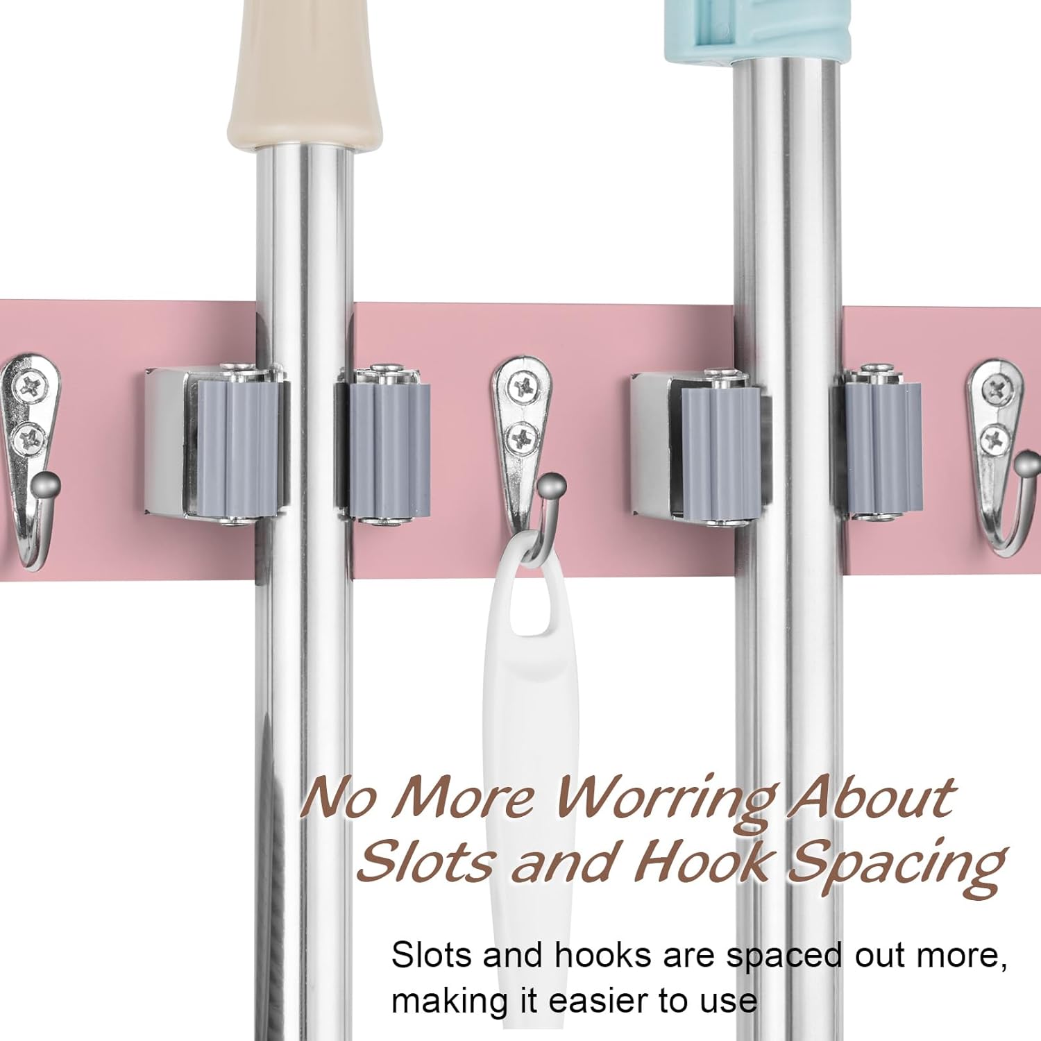Pink Mop Broom Holder Wall Mount with 4 Slots & 4 Hooks - Wood Broom Mop Hanger for Pantry Closet Laundry Room Kitchen Organization - for Pink Kitchen Decor and Accessories
