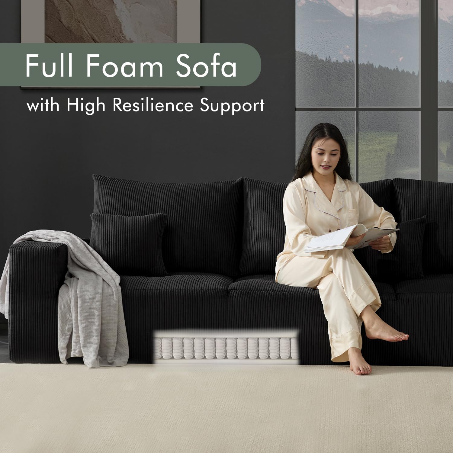 113" Modular Sectional Sofa Boneless U-Shaped Couches for Living Room | Modern Corduroy Cloud Couch Sofa with Memory Foam Deep Seat and Non-Slip Base, No Assembly, Black