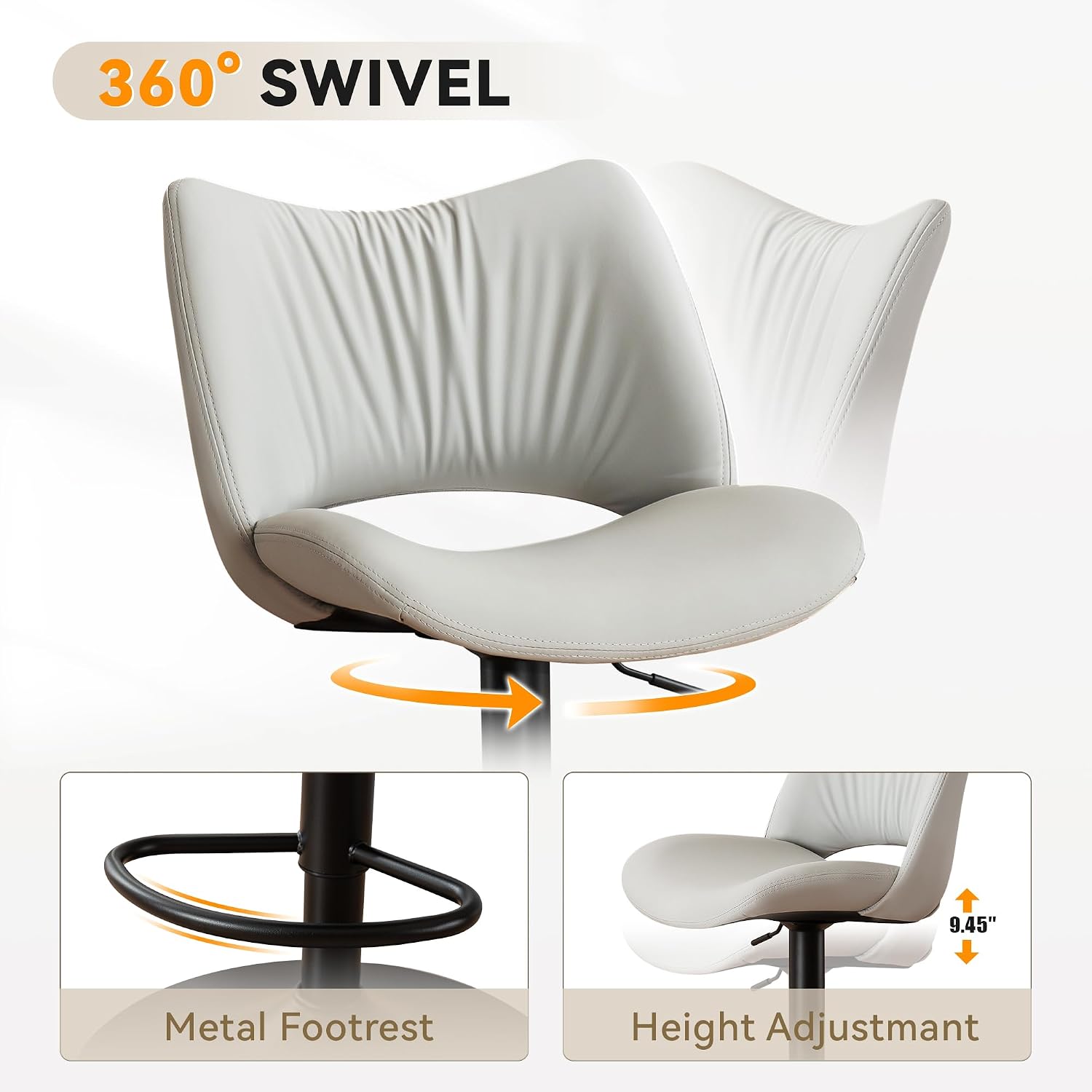 Rowill Bar Stools Set of 2 Modern Counter Height Barstools Swivel Adjustable Faux Leather Bar Chairs for Kitchen Island with Back and Metal Base, Gray