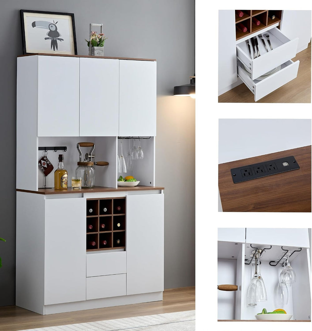 VERYKE 68.9'' Tall Kitchen Pantry with Microwave Shelf&Charging S...