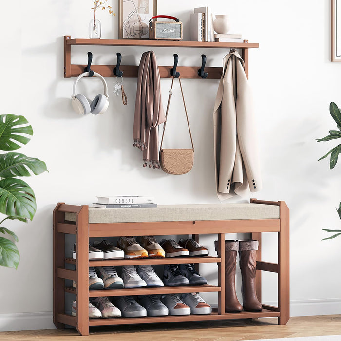 39.4" Shoe Rack Bench with Coat Rack, 3-Tier Entryway Storage Bench