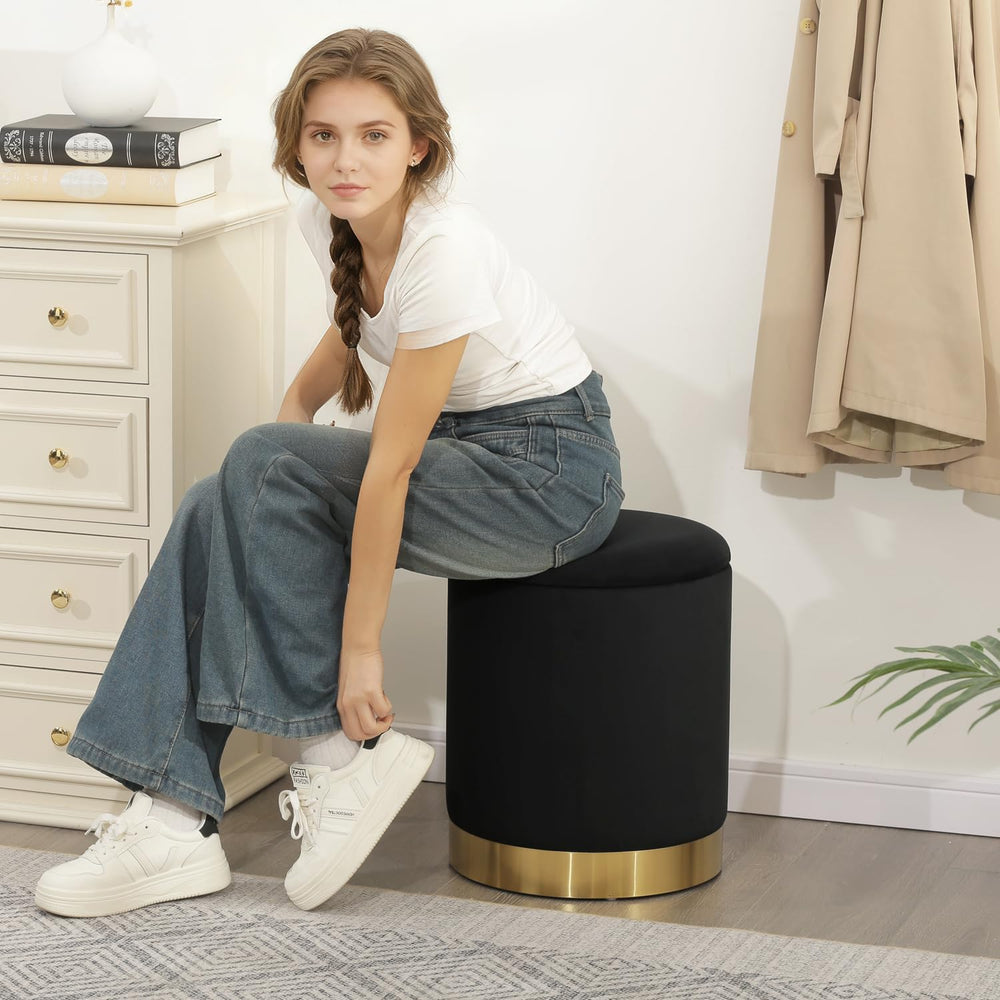Joveco Round Velvet Storage Ottoman with Reversible Lid Tray & Gold Metal...