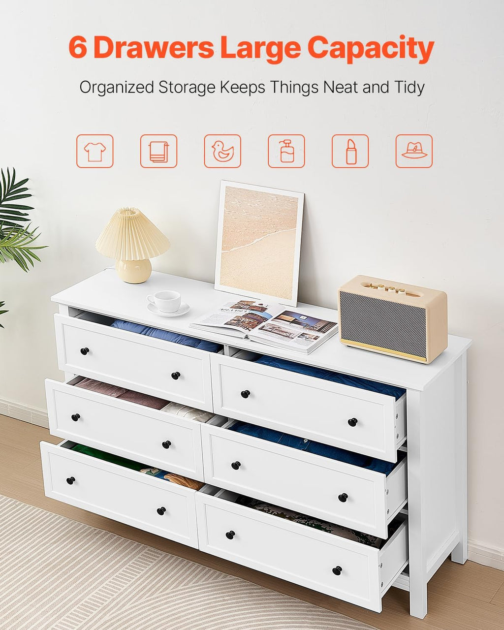 VEVOR 6 Drawer White Dresser, Wood Dresser Chest of Drawers with Middle Sliding Leg, Closet Storage Clothes Organizer for Bedroom, Living Room, Hallway, Entryway, Wide Drawer with Metal Handles