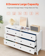 VEVOR 6 Drawer White Dresser, Wood Dresser Chest of Drawers with Middle Sliding Leg, Closet Storage Clothes Organizer for Bedroom, Living Room, Hallway, Entryway, Wide Drawer with Metal Handles