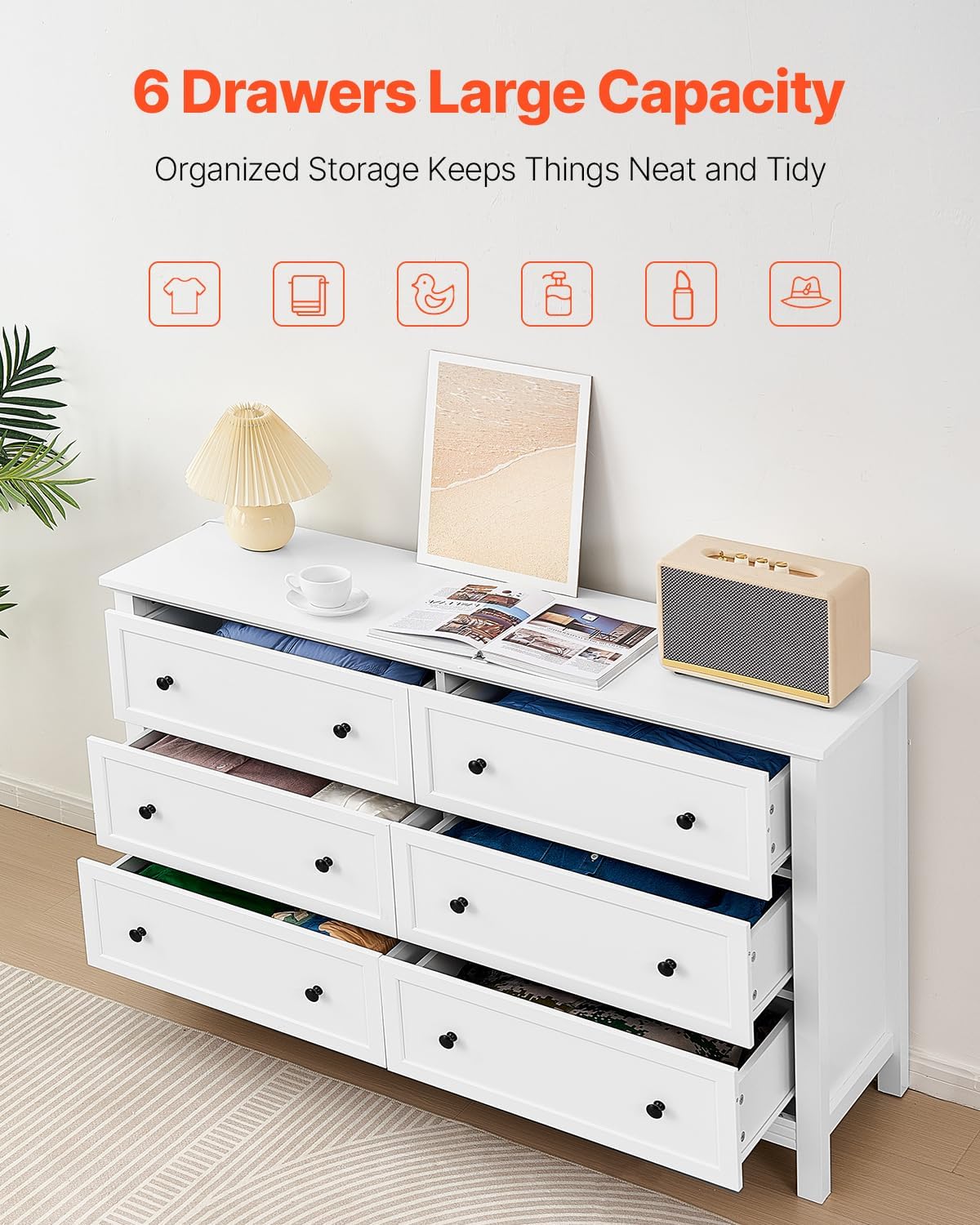 VEVOR 6 Drawer White Dresser, Wood Dresser Chest of Drawers with Middle Sliding Leg, Closet Storage Clothes Organizer for Bedroom, Living Room, Hallway, Entryway, Wide Drawer with Metal Handles