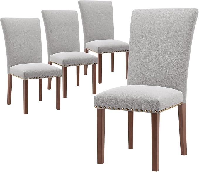 Stylish Dining Chairs Set of 4, Upholstered Parsons Dining Room Chair with Nailhead Trim, Kitchen Room Chair with Thick Cushions and Wood Legs, Nailhead Trim, Light Grey